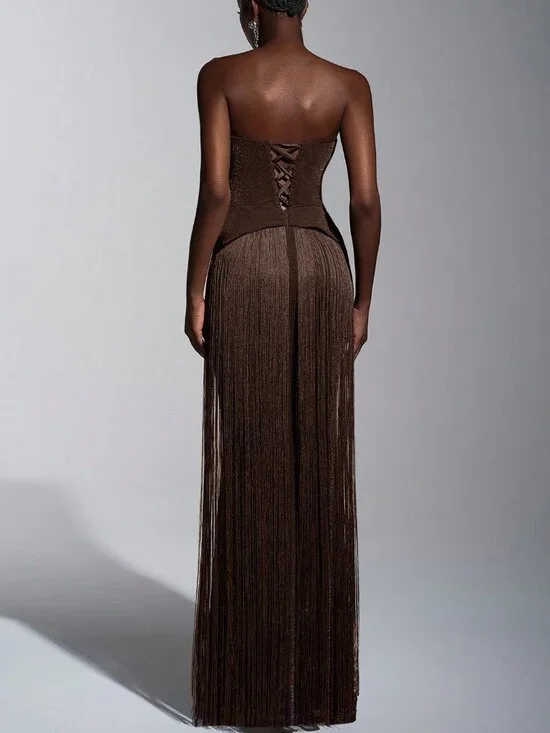 Brown Elegant Women's Glitter Knit Off-Shoulder Tassel Bodycon Dress - Picture 2 of 7